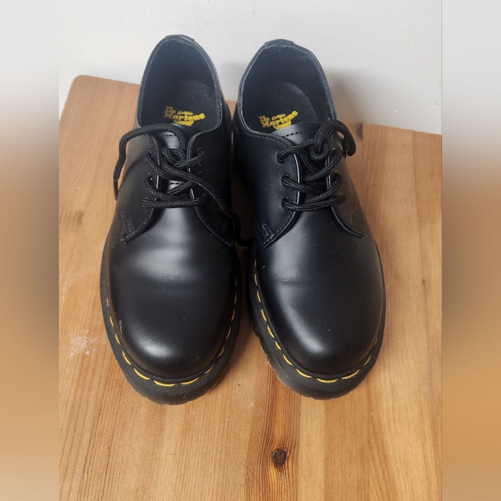 Dr. Martens Black Leather Oxfords with Yellow Stitching